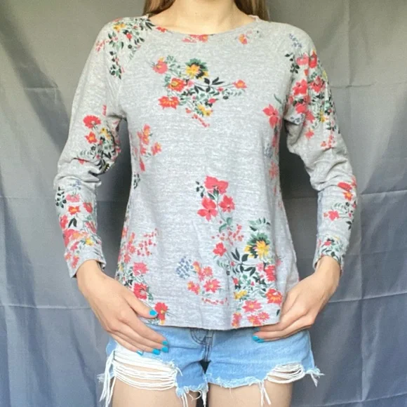 Loft Medium Floral Grey Crewneck Sweater 100% Cotton - Picture 3 of 7